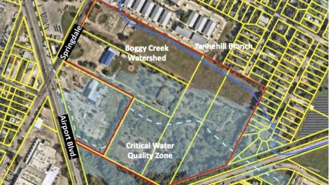 Satellite photo of proposed development site with overlay showing roads and surrounding residential neighborhoods
