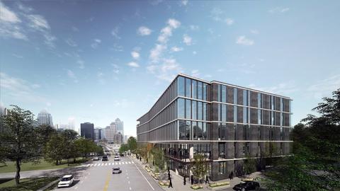 Rendering of a five-story office building with upper floors ribboned by rows of vertical windows. It's on a wide street that leads to a set of tall buildings. A green space with medium-sized trees is on the other side of the street.