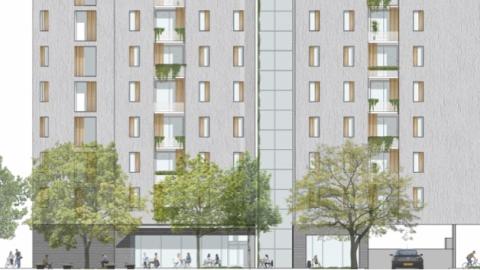 Architectural elevation of a plain, six-story contemporary building with columns of small windows and two columns of balconies