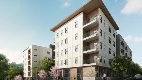 Rendering of two contemporary, five-story residential buildings. Both have rows of small windows and balconies on the corner of upper stories and fairly plain facades. One is on the corner of two streets. There are small trees and people walking on the sidewalk below.