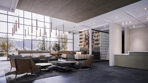 Rendering of a large, high-ceilinged, contemporary hotel lobby with a wall full of windows looking out onto hills.