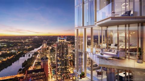 Wide rendering of an upper floor and a half of a very tall building. It's clad in transparent glass and has cantilevered floors and balconies. It overlooks a river and smaller buildings.