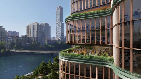 Rendering of two upper floors of a glass office building with curved terraces with plants on top. 