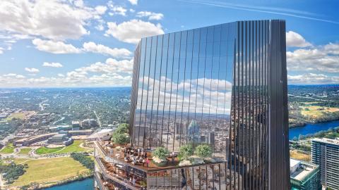 Rendering of the top of a contemporary glass tower with an asymmetrical slightly angled roof and a river flowing in the background below.