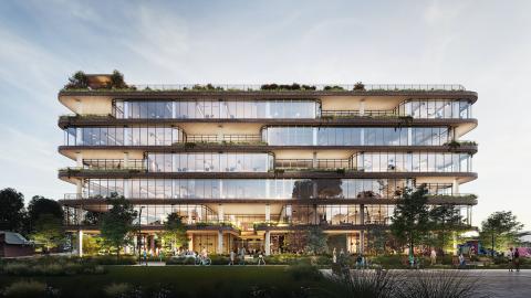 Rendering of a six-story building with glass walls and continuous overhanging balconies separating floors.