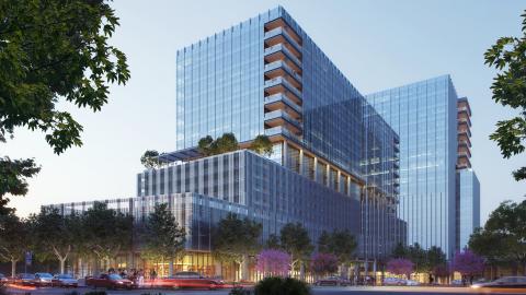 Rendering of two tall, rectangular buildings, the front one built on ascending podiums.