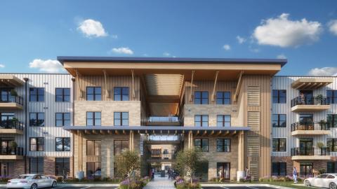 Rendering of a four-story contemporary apartment complex.
