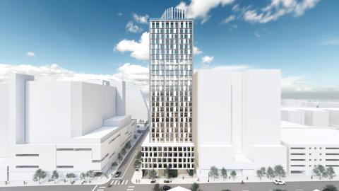Drawing of a glass-and-white-paneled tower with a five-story parking podium surrounded by abstract models of other tall buildings.
