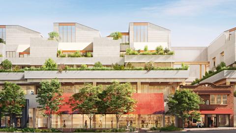 Rendering of a five-story contemporary building with terraces and two-story apartments on the top two floors.