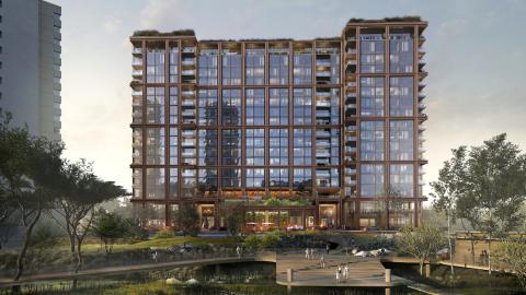 Rendering of a 17-story contemporary residential building with window banded between exposed concrete floors and towers on each side.