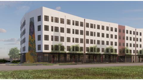Rendering of a long, rectangular, unadorned apartment complex.