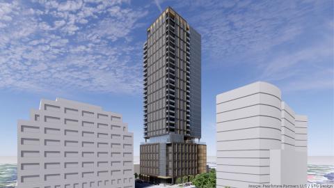 A simplified rendering of a 35-foot-tall tower with a parking podium between two shorter/midsized buildings.