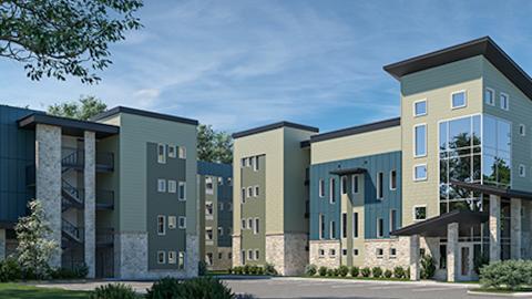 Rendering of two apartment buildings with three and four stories in different parts of the building.