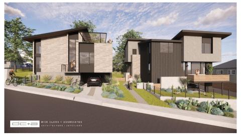 Rendering of contemporary homes with flat and angled roofs and a variety of levels, two to three stories, on an incline with street in front, credited to Dick Clark + Associates in the left corner,