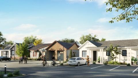 Rendering of a row of new, one-story, single-family brick and frame suburban houses with people of various ages playing and walking on the sidewalks and street in front.