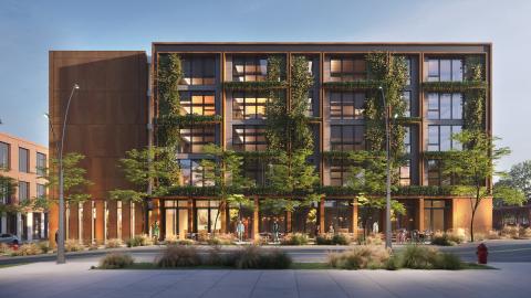 Rendering of a rust-colored, five-story contemporary apartment building with ground-floor commercial space with a plaza in front.