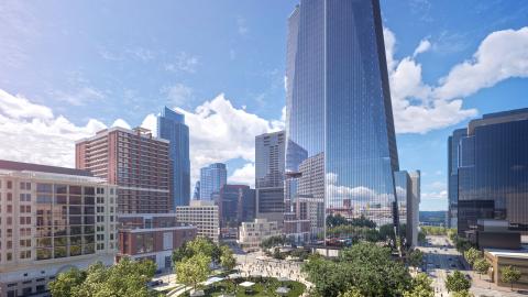 Rendering of the top of a contemporary glass tower that tapers to an asymmetrical slightly angled roof above a public plaza and shorter buildings nearby.