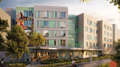 rendering of a mid-height building with a mural and inset corridors