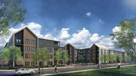 Rendering of a large, four-story apartment complex of modern farmhouse persuasion.