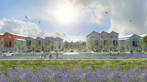 Drawing/rendering of a sunny contemporary townhome community with people doing stuff and a field of flowers in the front.